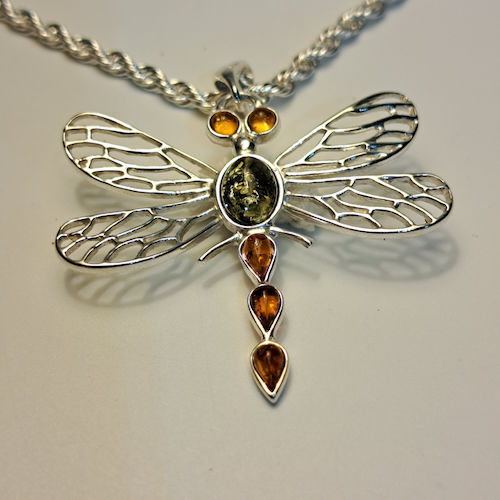 HW-541 Pendant, Dragon Fly, Green/Amber $66 at Hunter Wolff Gallery